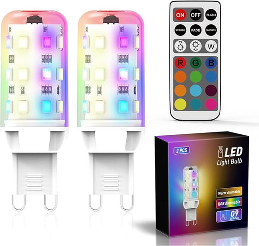 YUIIP RGB Color Changing LED Light Bulbs with Remote Control, 2W Dimmable G9 RGB LED Bulb, 200LM, 20W Halogen Equivalent, 3000K Warm White G9 Base Mood Light Bulb for Home Decor, Party, Pack of 2