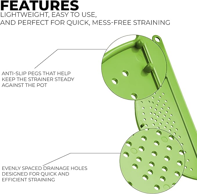 Handheld 13" Pot Strainer – Food Strainer for Pasta, Vegetables & More – BPA-Free Plastic with Anti-Slip Pegs – Fits Most Pots and Pans (1)