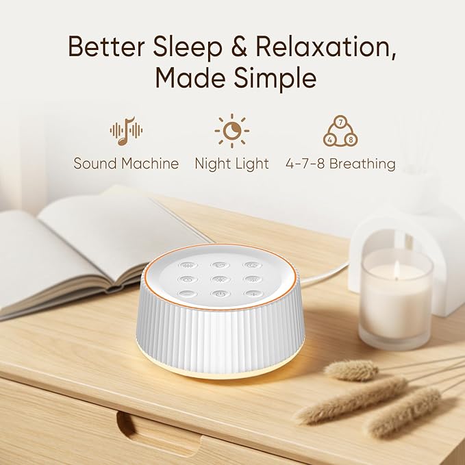 Noise Machine, White Noise Machine for Sleeping Baby Adults – Sound Machine with 8 Night Light Colors, Tap Control, 6 Timer Settings, Auto-Off & Memory, Portable Sleep Soother for Home & Travel