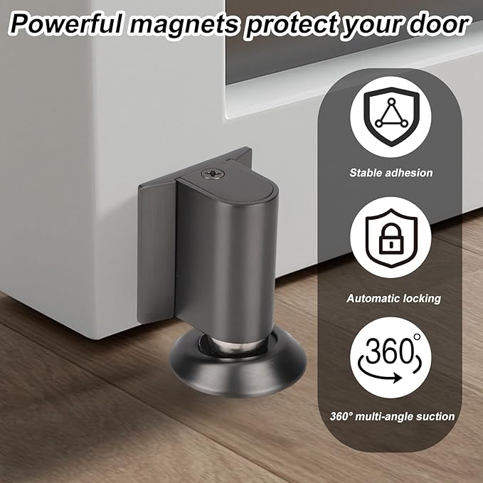 Magnetic Door Wedge Stopper, Heavy Duty No Drill Invisible Door Catch Holder with Screws & Adhesive Floor Mounted Wall & Doors Protector for Home Office (Gray)