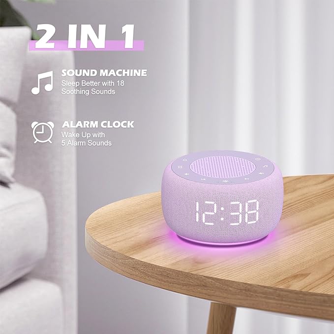 Buffbee Sound Machine & Alarm Clock 2-in-1, 0-100% Clock Face Brightness, Bottom Colored Light, Sleep Timer, Precise 30-Level Volume White Noise Machine, Digital Alarm Clocks for Bedrooms - Purple
