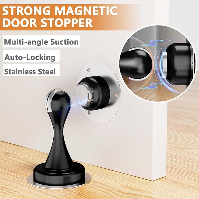 Magnetic Door Stopper - Stainless Steel Door Stoppers for Bottom of Door| Magnetic Door Stop for Wall and Floor Mounting| No Drilling Door Catch Door Holder with 3D Adhesive Tapes, Black 1 Pack