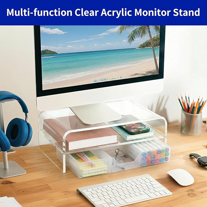 OPNICE Acrylic Clear Desk Organizers and Accessories, 2-Tier Computer Monitor Stand Riser with Drawer, Laptop Stand, Office Desk Accessories for Office Supplies, Transparent