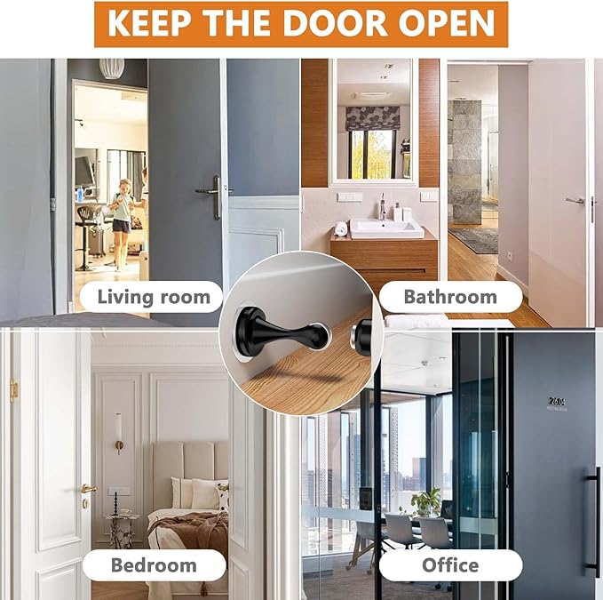 Magnetic Door Stopper - Stainless Steel Door Stoppers for Bottom of Door| Magnetic Door Stop for Wall and Floor Mounting| No Drilling Door Catch Door Holder with 3D Adhesive Tapes, Black 1 Pack