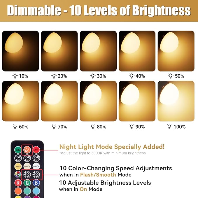 Yochoice 4-Pack Rechargeable Battery Powered Light Bulb, Dimmable A19 Light Bulb with 9 Colors Selectable & 3 Timer, Cordless Bulb for Lamps and Sconce with Remote Control