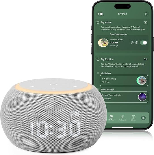Hotmoon Alarm Clock with Sound Machine for Sleep, Luna Pro Dual-Stage Alarm, 507 Relaxing Sounds, Smart Night Light & Timer, Pink Green Brown White Noise Machine for Sleeping, Plug in, Cool Gray