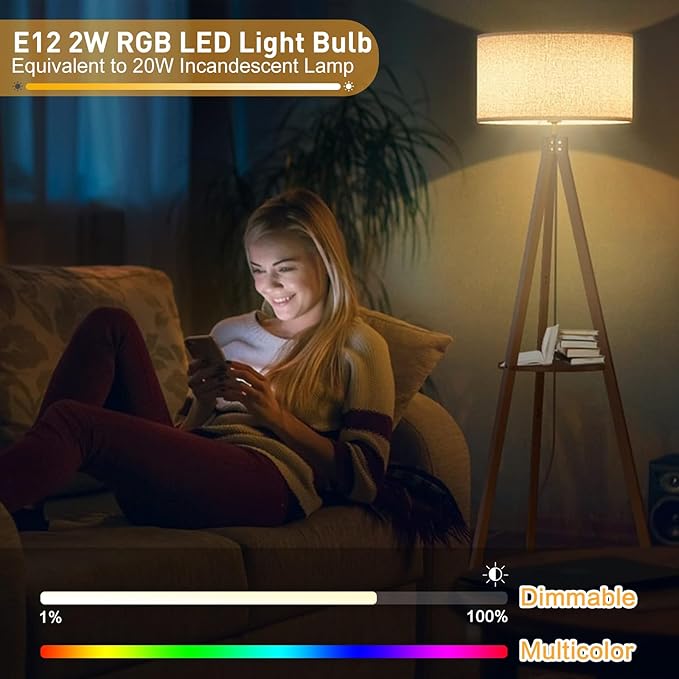 YUIIP E12 LED Color Changing Candelabra Light Bulb with Remote Control, 2W, 200LM, 20W Halogen Equivalent, Multicolor RGB Dimmable Mood Candle Colored Light Bulb for Home Decor, Party, Pack of 2