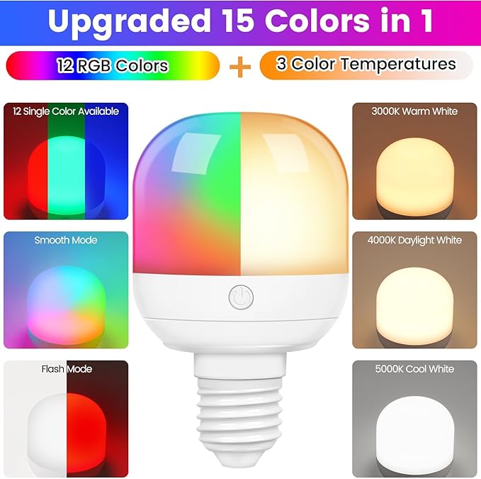 Yochoice Rechargeable Light Bulbs for lamp with 15 Colors Selectable & 3 Timer, Dimmable Battery Light Bulb with Remote Control, Detachable Cordless Light Bulbs for Non-Hardwired Fixture, 4 Pack