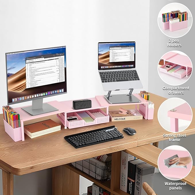 OPNICE Wood Desk Organizers and Accessories, Dual Monitor Stand Riser with Drawer and 2 Pen Holders, Desk Shelf Computer Racks for Office Workspace Organizers, Desktop Organization (Pink)