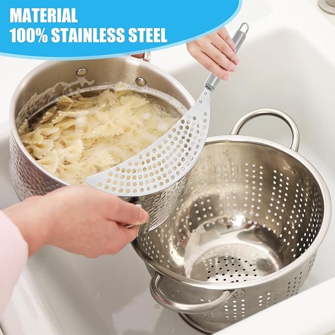 TIESOME Stainless Steel Held Pot Strainer, Pasta Strainer with handle Silver Durable Insert Drainer for Spaghetti Fry Noodles Fruit Vegetable Kitchen Pots Pans(14.17×2.55inch)