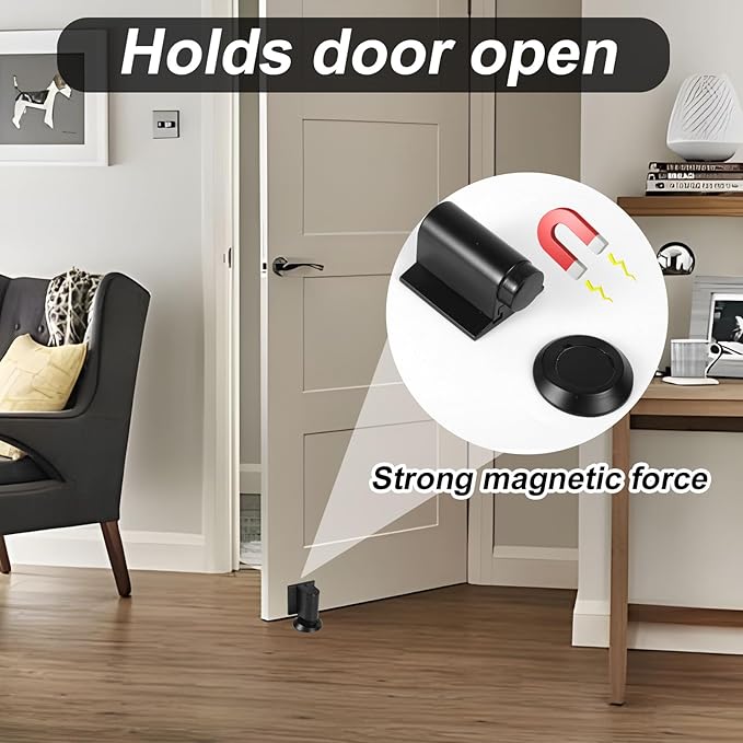 Magnetic Door Wedge Stopper, No Drill Floor Mounted Doorstops Holder with Screws Heavy Weight Duty & Invisible Doorstops Accessories Skirtings Catch Parts Replacement for Keeping Doors Open (Black)