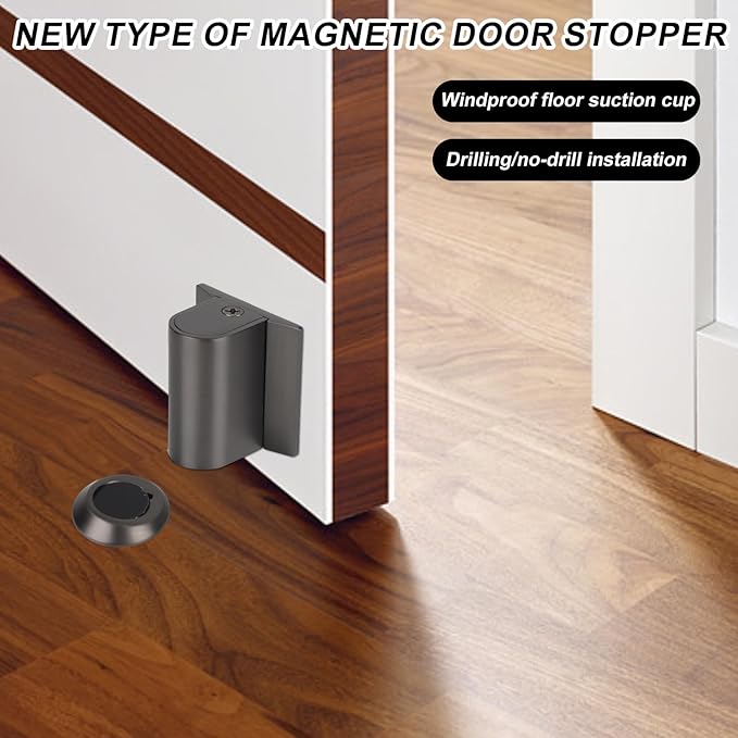 Magnetic Door Wedge Stopper, Heavy Duty No Drill Invisible Door Catch Holder with Screws & Adhesive Floor Mounted Wall & Doors Protector for Home Office (Gray)
