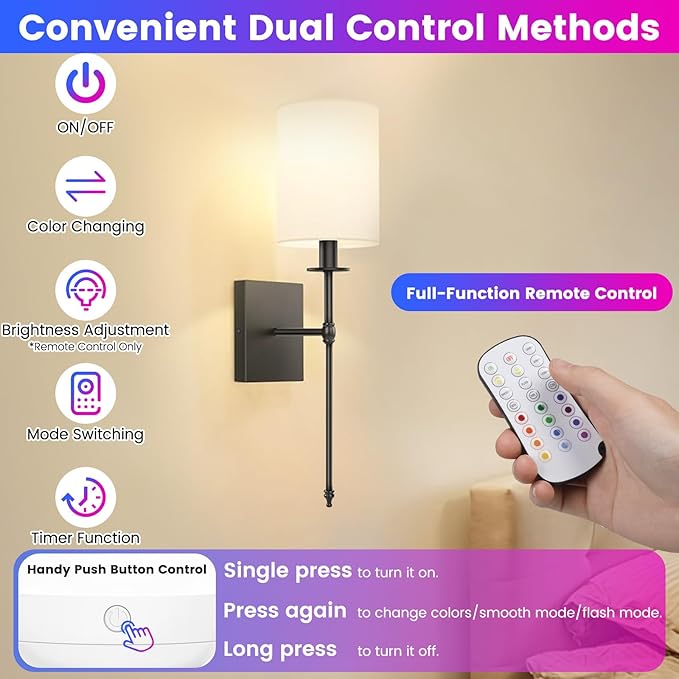 Yochoice 2-Pack Rechargeable Battery Operated Light Bulb with Remote Control, E26 Battery Powered Dimmable Light Bulb with 3 Color Temperatures + 12 RGB Colors, Detachable LED Bulb for Wall Sconce