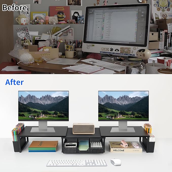 OPNICE Wood Desk Organizers and Accessories, Dual Monitor Stand Riser with Drawer and 2 Pen Holders, Desk Shelf Computer Racks for Office Workspace Organizers, Desktop Organization (Black)