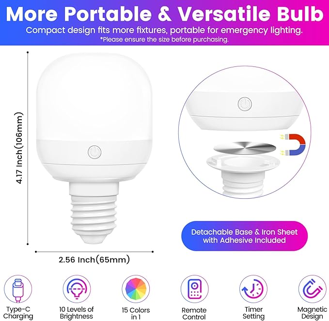 Yochoice 2-Pack Rechargeable Battery Operated Light Bulb with Remote Control, E26 Battery Powered Dimmable Light Bulb with 3 Color Temperatures + 12 RGB Colors, Detachable LED Bulb for Wall Sconce