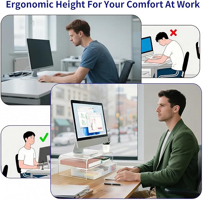 OPNICE Acrylic Clear Desk Organizers and Accessories, 2-Tier Computer Monitor Stand Riser with Drawer, Laptop Stand, Office Desk Accessories for Office Supplies, Transparent