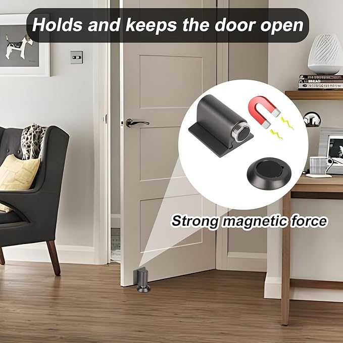 Magnetic Door Wedge Stopper, Heavy Duty No Drill Invisible Door Catch Holder with Screws & Adhesive Floor Mounted Wall & Doors Protector for Home Office (Gray)