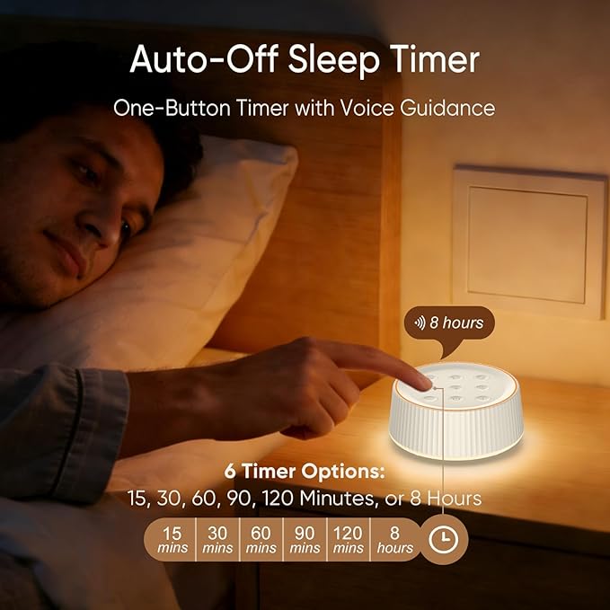 Noise Machine, White Noise Machine for Sleeping Baby Adults – Sound Machine with 8 Night Light Colors, Tap Control, 6 Timer Settings, Auto-Off & Memory, Portable Sleep Soother for Home & Travel