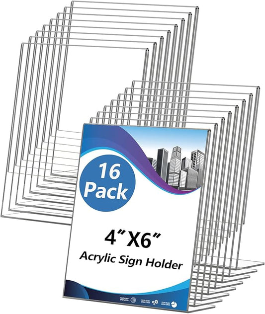 Acrylic Sign Holder 4x6 Inches, 16 Pack Clear Plastic Table Flyer Display Stand, L-Shape Vertical Menu Paper Holder Stand, Clear Picture Photo Flyer Display Stand for Restaurants, Store Fair,Office