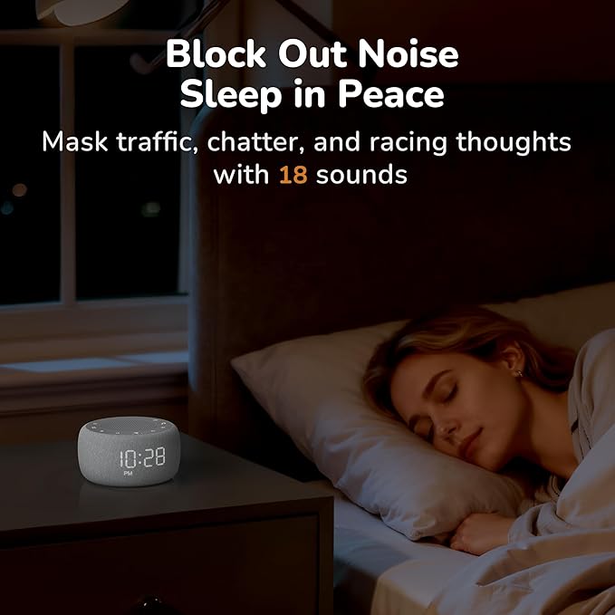 Buffbee Alarm Clock with Sound Machine for Bedrooms – 2-in-1 White Noise Machine for Sleep, Gentle Wake-Up with Soft Alarm Sounds, Ambient Night Light, Plug-in, Sleep Better, Wake Gently