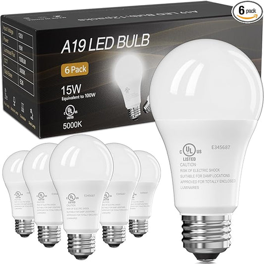 TJOY LED Light Bulbs, 100 Watt Equivalent A19, 5000K Daylight LED Bulb, 15W Bright White Energy Saving Lightbulbs with E26 Standard Base, 1500 Lumens Non Dimmable Lamp for Home Bedroom Indoor, 6 Pack