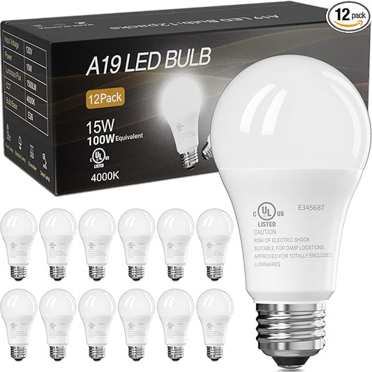 TJOY 12 Pack LED Light Bulbs, 100 Watt Equivalent, 15W Cool White 4000K A19 LED Bulbs, 1500 Lumens, E26 Standard Base, Neutral White Lightbulbs, Non Dimmable Lamp for Home Indoor Kitchen