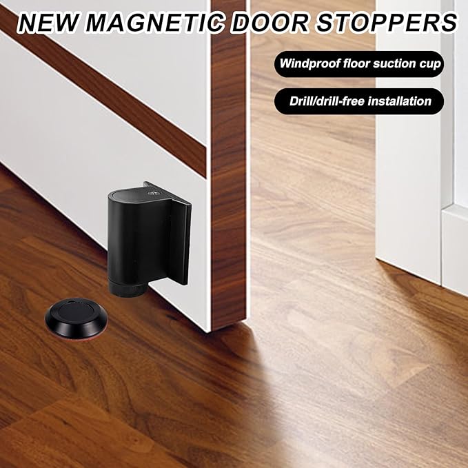 Magnetic Door Wedge Stopper, No Drill Floor Mounted Doorstops Holder with Screws Heavy Weight Duty & Invisible Doorstops Accessories Skirtings Catch Parts Replacement for Keeping Doors Open (Black)