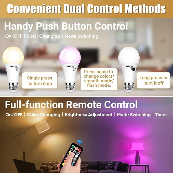 Yochoice Rechargeable Battery Operated Light Bulb with Remote Control, Dimmable LED A19 Bulb with 9 Colors Selectable & 3 Timer, Wireless Light Bulb for Wall Sconce, Non-Hardwired，2 Pack