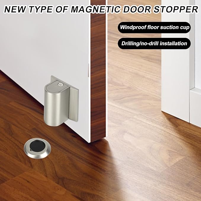 Magnetic Door Wedge Stopper, Heavy Duty No Drill Invisible Door Catch Holder with Screws & Adhesive Floor Mounted Wall & Doors Protector for Home Office (Silver Brushed Color)