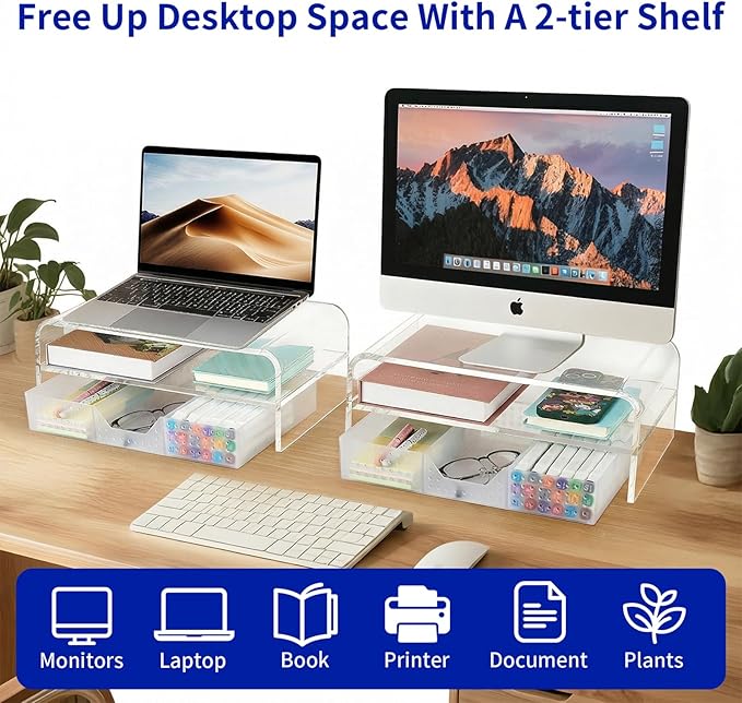 OPNICE Acrylic Clear Desk Organizers and Accessories, 2-Tier Computer Monitor Stand Riser with Drawer, Laptop Stand, Office Desk Accessories for Office Supplies, Transparent