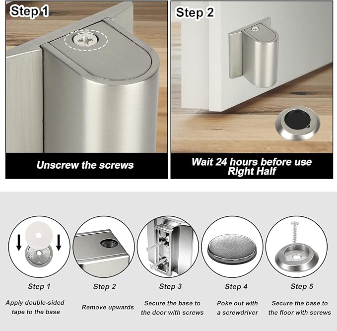 Magnetic Door Wedge Stopper, Heavy Duty No Drill Invisible Door Catch Holder with Screws & Adhesive Floor Mounted Wall & Doors Protector for Home Office (Silver Brushed Color)