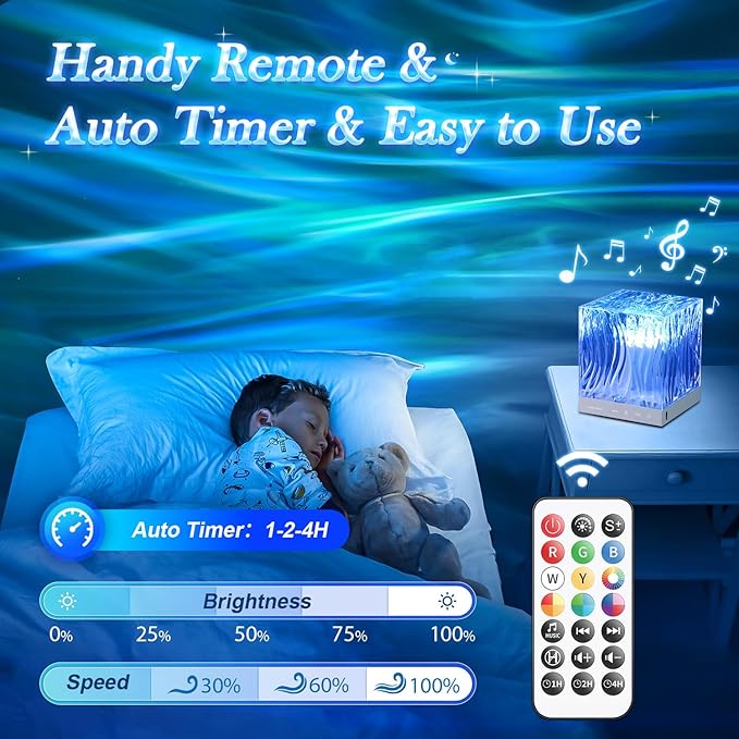 Crystal Lamp for Bedroom, 15 White Noise Machine Room Lights for Bedroom, Bluetooth Music Night Light Projector, RGB Aurora Ocean Light Projector, Remote Dimmable Crystal Table Lamp,Teen Girls Gifts