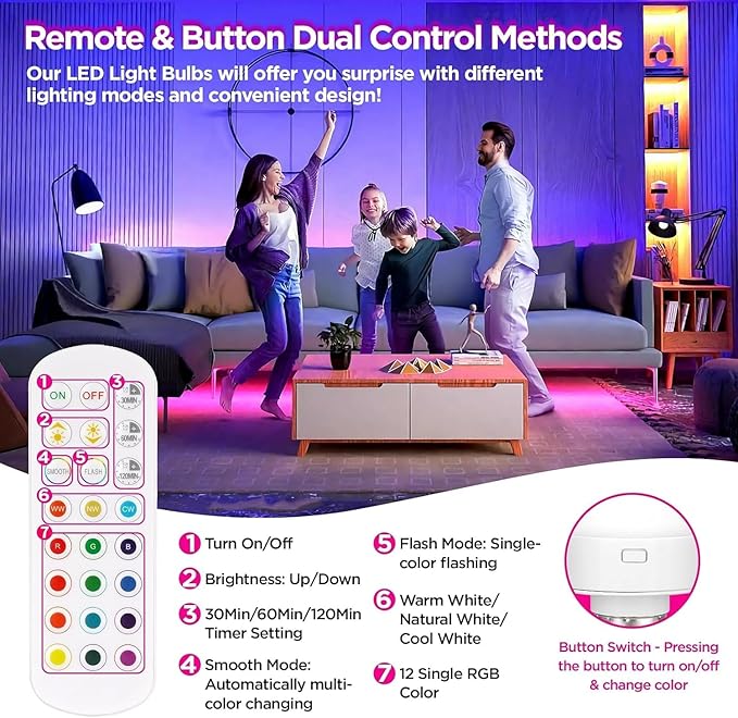 Yochoice Rechargeable Battery Operated Light Bulb with Remote Control,350LM Dimmable Detachable LED Bulb with 15 Colors Selectable & 3 Timer, Wireless Puck Light Bulb for Wall Sconce, Non-Hardwired