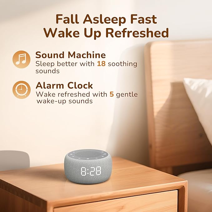 Buffbee Alarm Clock with Sound Machine for Bedrooms – 2-in-1 White Noise Machine for Sleep, Gentle Wake-Up with Soft Alarm Sounds, Ambient Night Light, Plug-in, Sleep Better, Wake Gently