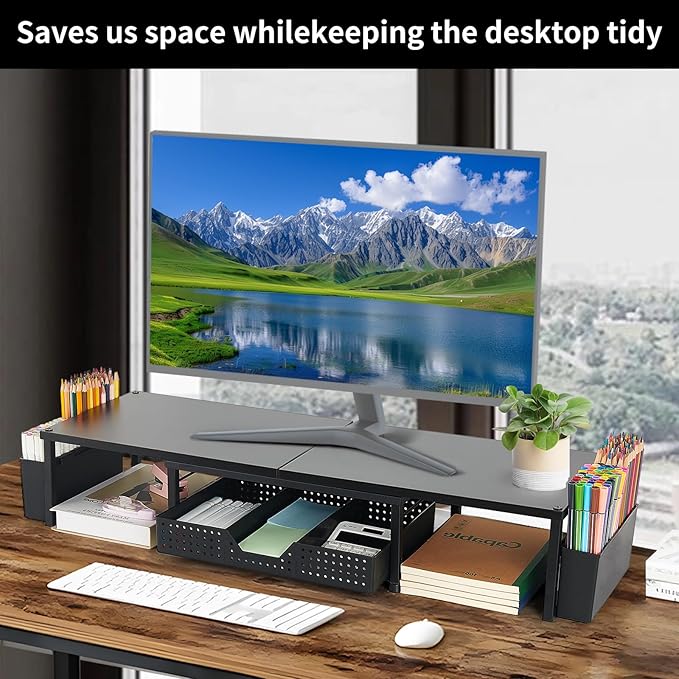 OPNICE Wood Desk Organizers and Accessories, Dual Monitor Stand Riser with Drawer and 2 Pen Holders, Desk Shelf Computer Racks for Office Workspace Organizers, Desktop Organization (Black)