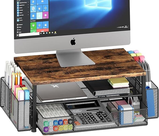 OPNICE Wood Desk Organizers and Accessories, 2-Tier Computer Monitor Stand Riser with Drawer and 2 Pen Holders, Laptop Stand, Office Desk Accessories for Office Supplies, Brown