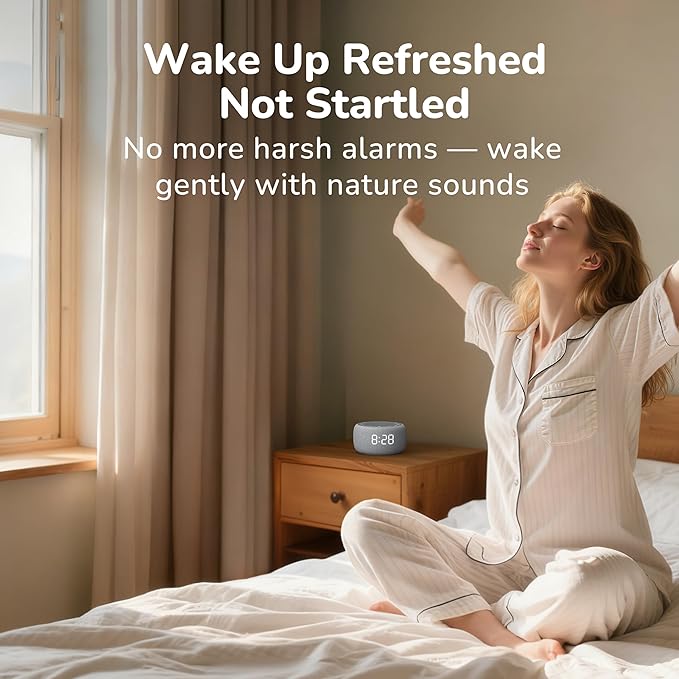 Buffbee Alarm Clock with Sound Machine for Bedrooms – 2-in-1 White Noise Machine for Sleep, Gentle Wake-Up with Soft Alarm Sounds, Ambient Night Light, Plug-in, Sleep Better, Wake Gently