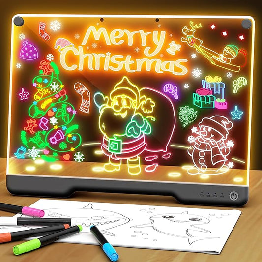 Portable LED Note Board with Colors, Rechargeable 16-inch 7 Light Effects Doodle Glow Memo Message Dry Erase Drawing Lumi Board with Stand for Gift/Classroom/Office/Kids, 5 Markers & Sketchbook