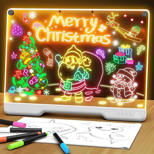 Portable LED Note Board with Colors, Rechargeable 16-inch 7 Light Effects Doodle Glow Memo Message Dry Erase Drawing Lumi Board with Stand for Gift/Classroom/Office/Kids, 5 Markers & Sketchbook